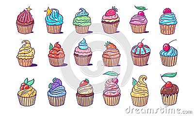 Colorful different muffins set sketch style vector Vector Illustration