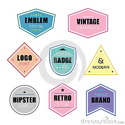 Colorful different shapes retro and vintage labels and badges icons banners set on white Vector Illustration