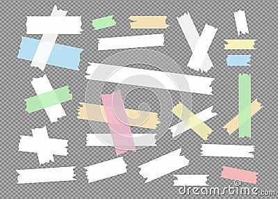 Colorful different size sticky paper, adhesive, masking tape are on squared gray background Vector Illustration