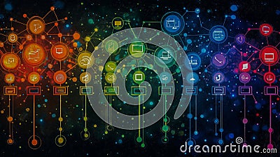 Colorful Digital Network Visualization with Connected Data Nodes Stock Photo