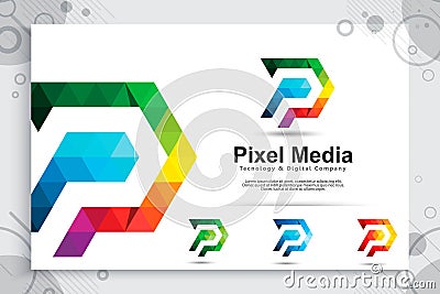 Colorful digital pixel letter P vector logo with modern concept , illustration of letter P with pixel concept use for digital Vector Illustration