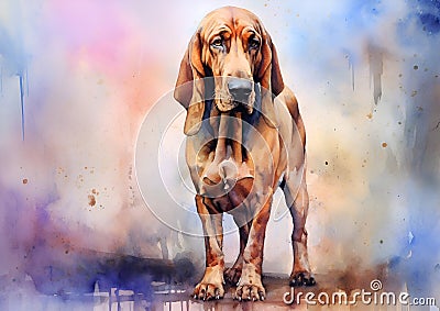 A colorful, digital watercolour painting, showing the a Bloodhound dog. Stock Photo