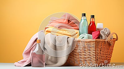 Colorful dirty clothes and towels in a wicker basket, various detergents for washing on a bright yellow background Stock Photo