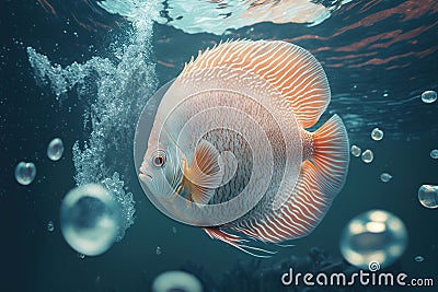 A colorful discus fish swims gracefully in the clear waters of the ocean. Generative AI Stock Photo
