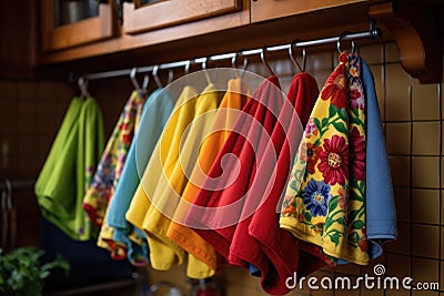 colorful dish towels hanging on a kitchen rack Stock Photo