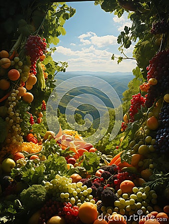 Agricultural Display of Colorful Organic Vegetables and Abundant Fresh Fruits Overlooking a Valley and Mountains. Generative AI Stock Photo