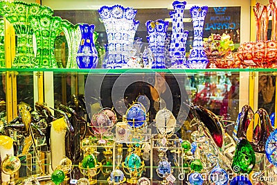 Colorful display of famous Czech Bohemian crystal glass Old Town Prague Czechia Editorial Stock Photo