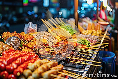 Colorful displays of street food at a bustling night market. Stock Photo