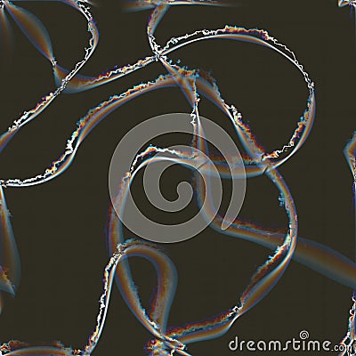 Colorful distressed wavy glowing lines on the borders on dark textile background, energy liquid lines Stock Photo