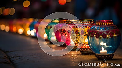 Colorful diwali lamps lit in a row Stock Photo