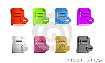 Colorful Document with minus icon isolated on white background. Clear document. Remove file document. Delete information Cartoon Illustration