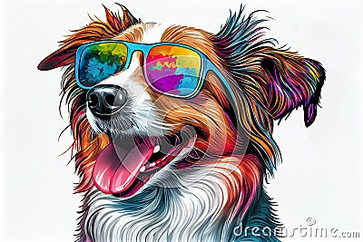 Colorful Dog Wearing Sunglasses Isolated On White Background - Generative AI Stock Photo