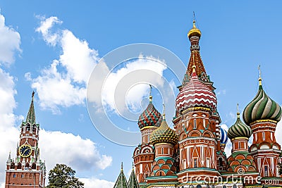 Colorful domes of the Cathedral of Vasily the Blessed commonly known as Saint Basil`s Cathedral at Red Square in Moscow Stock Photo
