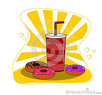 Colorful donuts and cup of coffee cartoon vector illustration. Vector Illustration