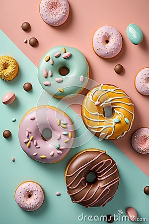 Colorful donuts on pastel background. Top view. Flat lay. Stock Photo