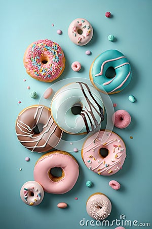 Colorful donuts with sprinkles on blue background, top view Stock Photo