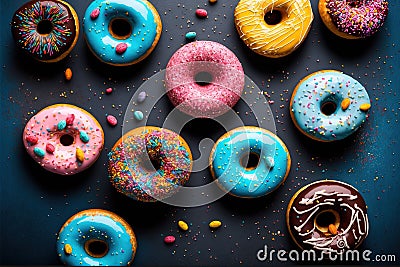 Colorful donuts table top view over dark background. Cartoon Illustration