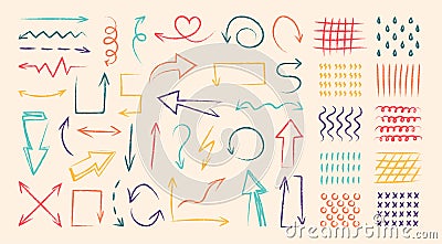 Colorful doodle arrows. Children pencil drawing of direction arrows and abstract minimalistic patterns, curly and wave Vector Illustration