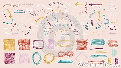 Colorful doodle arrows. Colored arrow, sketch ink textures design. Grunge pencil elements, bending twist marks Vector Illustration