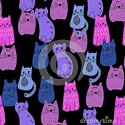 Colorful doodle style cats seamless pattern. Vector Vector Illustration