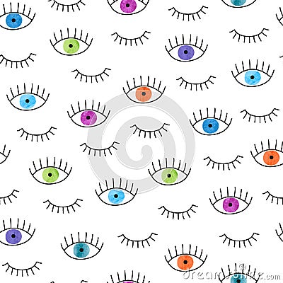 Colorful doodle eyes seamless pattern. Vector Illustration