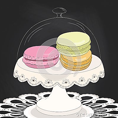 Colorful doodle macaroon on plate. Sketch macaroon. Chalkboard b Vector Illustration