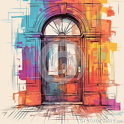 Colorful Door: A Painterly Style Drawing With Classical Proportions Stock Photo