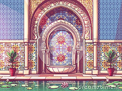 The colorful door to Moroccan-style building in a patio with a pond Vector Illustration