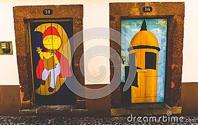 Colorful doors in Funchal - Maderia Editorial Stock Photo