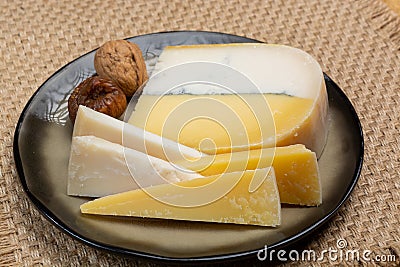 Colorful Double Dutch cheese, hard cheese made from cow milk and goat milk with layer of black mold inside Stock Photo