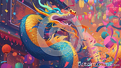 Colorful dragon in a Chinese temple. Colorful vector illustration. Cartoon Illustration