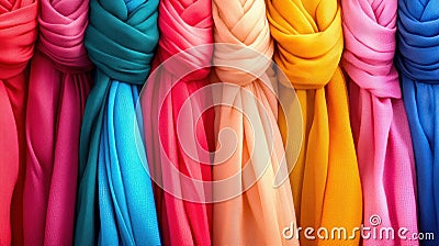 Colorful Draped Fabric Textiles in a Row Cartoon Illustration