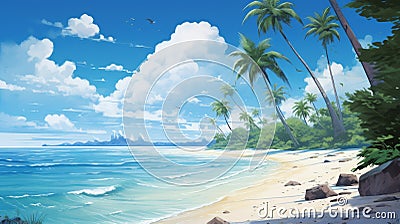 Vibrant Anime Beach: Blue Water, Flowers, Trees, And Artistic Flair Stock Photo