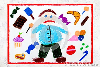 Colorful drawing: Fat boy and and sweets around him. childhood obesity Stock Photo