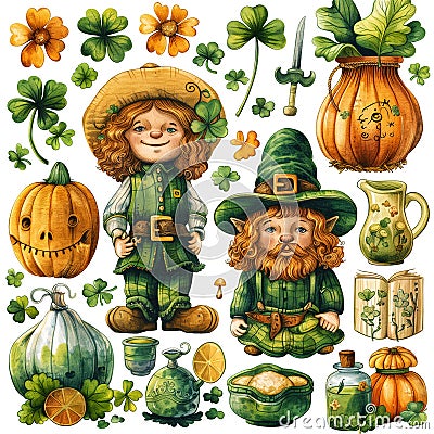 A colorful drawing featuring symbols of St. Patricks Day, including shamrocks, leprechauns, rainbows, and pots of gold Stock Photo