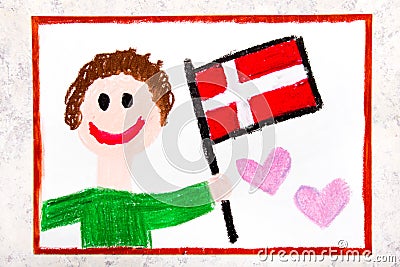 Colorful drawing: Happy man holding flag Danish flag. Flag of Denmark Stock Photo