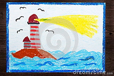 Colorful drawing: lighthouse on the sea Stock Photo