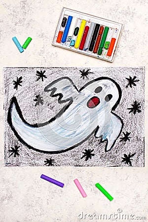 Colorful drawing: Scary White Ghost. Halloween Stock Photo