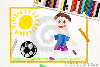 drawing: smiling boy playing football Stock Photo