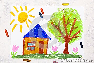 Colorful drawing: Sunny day,a small cute house next to a tree. Stock Photo