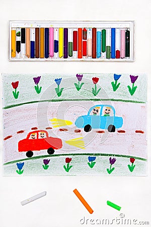 Drawing: two cars on the road. Driving on a trip Stock Photo