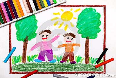 Drawing: Two smiling boys are walking in the woods Stock Photo