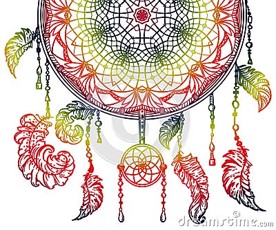 Colorful dream catcher with ornament and feathers. Vector Illustration