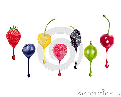 Colorful drops dripping from different berries, isolated on white background Stock Photo