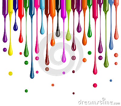 Colorful drops of nail polish drip from brushes isolated on white background Stock Photo