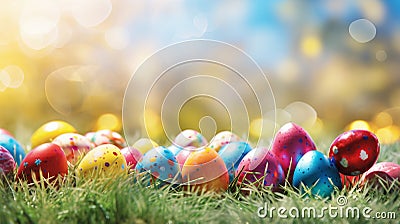 Colorful easter banner with beautiful eggs, sun rays, copy space on blurred background Stock Photo