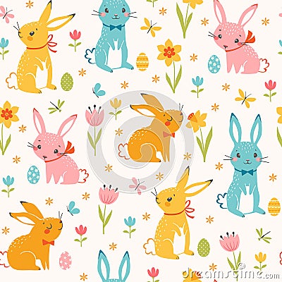 Colorful Easter bunnies seamless pattern Vector Illustration