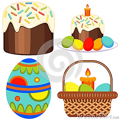 Colorful easter candle egg basket cake icon set. Vector Illustration