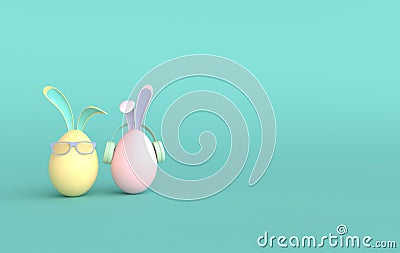 Colorful Easter egg with rabbit ears on green background. Happy Easter big hunt or sale banner, mockup template. April holiday - Stock Photo
