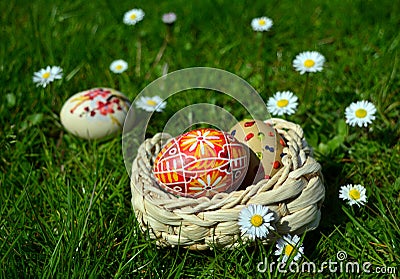 Colorful easter eggs on a basket on a green grass Stock Photo
